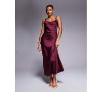 ASOS DESIGN - Vestito sottoveste midi in raso bordeaux con spalline sottili e scollo con bordo a festoncino-Marrone 40