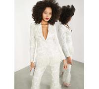 ASOS EDITION - Blazer jacquard color avorio con piume sintetiche sul fondo-Bianco 40