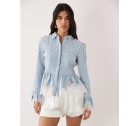ASOS LUXE - Camicia di jeans a corsetto e peplo azzurra con dettagli in pizzo e perle-Blu 38