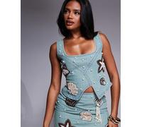 ASOS LUXE - Corsetto in denim decorato con perle e dettagli ispirati al mare in coordinato-Blu 36