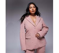 ASOS LUXE Curve - Blazer sartoriale rosa polvere decorato con perle in coordinato 54