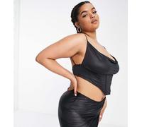 ASOS LUXE Curve - Top bikini a corsetto in raso nero 50