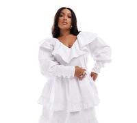 ASOS LUXE Curve - Vestito corto a balze in denim bianco con volant, scollo profondo e bottoni con strass 50