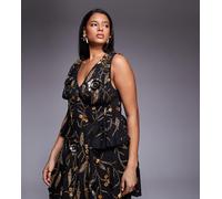ASOS LUXE Curve - Vestito skater nero a corsetto con decorazioni floreali-Multicolore 46