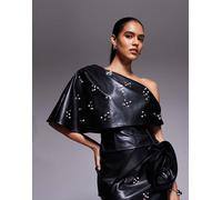 ASOS LUXE - Top stile corsetto in similpelle PU nero con decorazioni e strato sovrapposto a volant 46