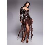 ASOS LUXE - Vestito corto marrone in chiffon decorato con finiture 38