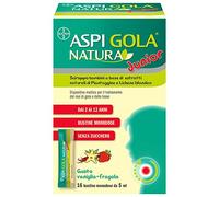 Aspi Gola Natura Junior, Sciroppo Mal di gola e Tosse Associata con Estratti Naturali di Aloe Vera, Lichene Islandico e Acido Ialuronico, Gusto Vaniglia Fragola, 16 Bustine Monodose 5 ml