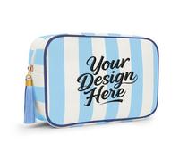 Aspire Borsa per trucco a righe con iniziali personalizzate per la damigella d'onore, borsa cosmetica a righe ricamata/stampata a strisce personalizzata-blu/crema