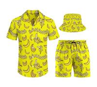 AsqLdQM Camicie hawaiane da uomo con banane a maniche corte e pantaloncini, set da 3 pezzi con cappelli da pescatore, Stile:, M
