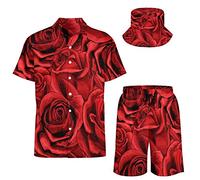 AsqLdQM Set da uomo hawaiano anguria camicia e pantaloncini 2 pezzi con cappello alla pescatora, Mazzi di fiori di rosa rossa, XXL