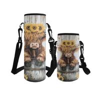 ASQVTIFE Highland Cow, portabottiglie con tracolla regolabile, per bambine, 500 ml, con girasole, isolante, per attività all'aperto