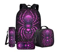 ASQVTIFE Set zaino per bambini con borsa per la scuola e borsa per il pranzo con astuccio e custodia per bottiglia d'acqua, Ragno Viola, Taglia unica