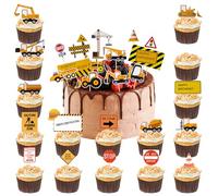 ASQzhuLIWing 28 Pezzi Topper per Cupcake da Costruzione Decorazione per Muffin Digger Digger Street Sign Tema Boy Topper per Torta per Feste per Bambini