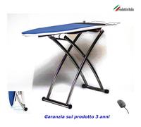 Asse da stiro aspirante soffiante EVO 120x45xh75-101 max cm piano in rete di acciaio dotato di un motore e di una pedaliera copertina colore blu telaio nero