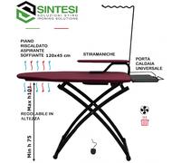 Asse da stiro aspirante soffiante EVO 120x45xh75-101 max cm piano in rete di acciaio dotato di un motore e di una pedaliera copertina colore Bordeaux telaio nero