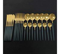Assemblaggio da tavola, Set di posate in argento, set da 24 pezzi, stoviglie cucina in acciaio inossidabile, con coltello, forchetta, cucchiaio, lavabile in lavastoviglie, arcobaleno(Green Gold)