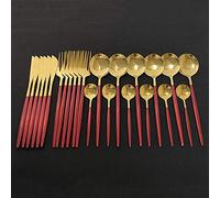 Assemblaggio da tavola, Set di posate in argento, set da 24 pezzi, stoviglie cucina in acciaio inossidabile, con coltello, forchetta, cucchiaio, lavabile in lavastoviglie, arcobaleno(Red Gold)