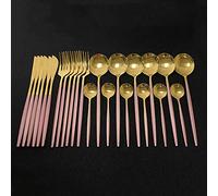 Assemblaggio da tavola, Set di posate in argento, set da 24 pezzi, stoviglie cucina in acciaio inossidabile, con coltello, forchetta, cucchiaio, lavabile in lavastoviglie, arcobaleno(Pink Gold)