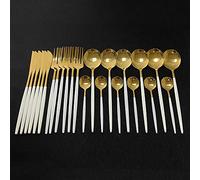 Assemblaggio da tavola, Set di posate in argento, set da 24 pezzi, stoviglie cucina in acciaio inossidabile, con coltello, forchetta, cucchiaio, lavabile in lavastoviglie, arcobaleno(White Gold)