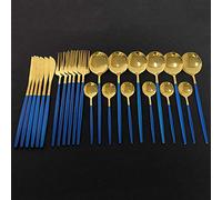 Assemblaggio da tavola, Set di posate in argento, set da 24 pezzi, stoviglie cucina in acciaio inossidabile, con coltello, forchetta, cucchiaio, lavabile in lavastoviglie, arcobaleno(Blue Gold)