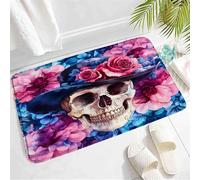 Assorbente Zerbini per esterni Flower Skull Pink and Blue Roses Flower Spooky Gothic Skeleton with Black Hat Western Country Halloween Zerbino Tappetino Doccia 40×60cm per Vasca da Bagno,Doccia