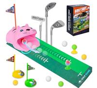 ASSRECT Set di mini golf per bambini, 18 giocattoli da golf con riduttore automatico di palla, 3 mazze da golf retrattili, 8 palline e stuoia per lo sport indoor/outdoor (rosa)