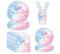 ASSUGO Set di 60 stoviglie decorative per feste di genere Reveal, accessori per feste, per ragazzi o ragazze, inclusi piatti, tovaglioli per bambini, bicchieri, cannucce, adatte per decorazioni per