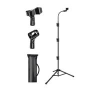 Asta per microfono regolabile con 2 clip per microfono, supporto flessibile per microfono, struttura in acciaio, altezza 61-170 cm, pieghevole, per palco, canto, spettacoli ed eventi