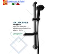 Asta Saliscendi Doccia Nero Opaco Doccetta H60 Cm 3 Getti Con Portasapone