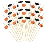 ASTARON 150 Pezzi Plettri per Cocktail di Zucca di Halloween per Forniture per Feste di Halloween Pipistrelli di Legno e Plettri per Cocktail a Forma di Teschio 12 cm Plettri per antipasti Forchette