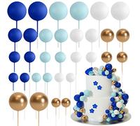 ASTARON 32 Pezzi Decorazioni per Topper per Torte a Sfera Mini Palloncini Bastoncini per Topper per Torte Palline di Schiuma Scelte per Torta per Matrimoni Festa Compleanno (Oro Blu)