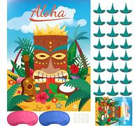 ASTARON Gioco della Festa Tropicale Hawaiana, Gioco degli Spilli per la Festa Aloha Tiki, Include Poster, 24 Adesivi per Il Naso, 12 Adesivi Rotondi, 2 Maschere per Gli Occhi, Adatto per Bambini