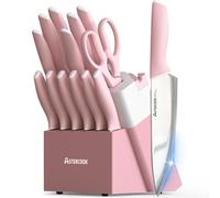 Astercook Knife Set, Kitchen Knives Set with Block and Sharpener Ceramic Coating 15 Pcs German Stainless Steel Knives Sharp Blade Dishwasher Safe Knife Block Set with Ergonomic Handle, Crystal Pink