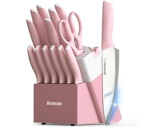 Astercook Knife Set, Kitchen Knives Set with Block and Sharpener Ceramic Coating 15 Pcs German Stainless Steel Knives Sharp Blade Dishwasher Safe Knife Block Set with Ergonomic Handle, Crystal Pink