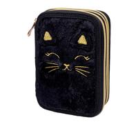 ASTRA BAG - Astuccio a 3 scomparti imbottito Jumbo Fluffy Kitty nero con peluche e orecchie