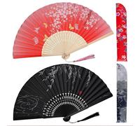 AstraGlam 2 Pezzi ventaglio Rosso e Nero, ventagli Pieghevoli in bambù con Nappa e Custodia in Tessuto, ventagli per Donna in Stile Cinese e Giapponese per Estate, Matrimonio e Festa