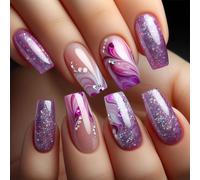 AstraGlam 24 pezzi di unghie da pressa viola con linee curve - Unghie finte quadrate di media lunghezza con strass, sfumatura rossa, effetto gel lucido e design cielo stellato, unghie adesive