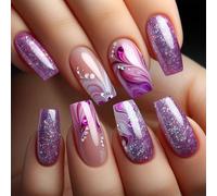 AstraGlam 24 pezzi di unghie da pressa viola con linee curve - Unghie finte quadrate di media lunghezza con strass, sfumatura rossa, effetto gel lucido e design cielo stellato, unghie adesive