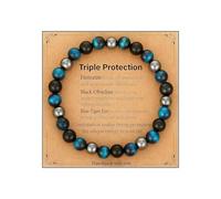 AstraGlam Bracciale Tripla Protezione con 8mm Occhio di Tigre Blu, Ossidiana Nera e Ematite - Forza, Protezione & Equilibrio per Uomini e Donne, Regalo per Festa della Mamma, Festa del Papà, Natale