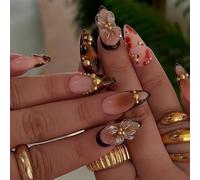 AstraGlam Medium Almond 3D Unghie Finte Marroni Fiore Dorato Press on Nails Corti Unghie da Incollo Tartaruga Leopardo French Tip Design Floreale, 24 Pezzi Fatti a Mano Jelly Gel su Acrilico Unghie