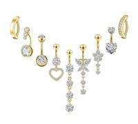 AstraGlam Set di Piercing all'Ombelico con 9 Pezzi, Piercing all'Ombelico in Acciaio Chirurgico Oro con Anelli Ombelico Corti e Lunghi, Disegni di Cuore, Farfalla e Fiori