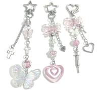 AstraGlam Set Di Portachiavi, Confezione Da 3, Design Carino Anni 2000 Con Fragola, Gatto, Cuore, Accessori Di Qualità Per Borsa, Telefono E Portachiavi