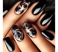 AstraGlam Set di unghie finte a forma di fiore rosa, nero, con motivo floreale, 24 unghie artificiali da incollare, riutilizzabili, per stili eleganti e quotidiani, Nero , L