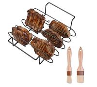Astralong Supporto Bistecche e Costine,Cestello per BBQ Rib Rack con 2 Pennelli,Supporto per Arrosto Bistecca,Telaio Griglia Barbecue Spareribs Halter Grill,Nero