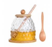 Astralong Vasetto per Miele Vetro con Coperchi Bastoncino Cucchiaio e Vassoio, 550 ml Trasparente Dosatore Miele per Cucina, Honey Pot a Bocca Larga, Contenitore in Vetro per Conservare e Sciroppo