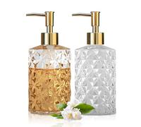 AstraLoom Set dispenser di sapone in vetro, 2 x 330 ml, design a rombi in trasparente/oro, per bagno e cucina, lozioni e oli essenziali