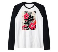 Astratto Floreale Graffiti Street Art Giapponese Rosa Nero Maglia con Maniche Raglan