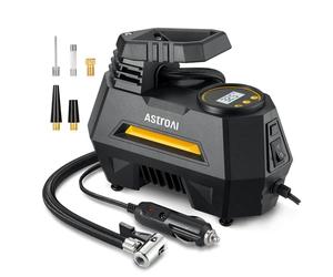 AstroAI Compressore Aria Portatile Auto 12 Volt CC, Mini Pompa Elettrica per Bicicletta e Moto, Compressore Portatile Digitale con Manometro e Luce LED, Cavo da 3M, Adattatori e Fusibile