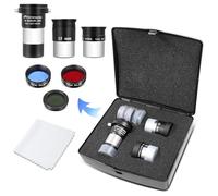 Astromania Set di oculari per telescopi, kit di accessori per principianti, completamente rivestito da 6 mm Plossl 15 mm, obiettivo Kellner Barlow 2X con filettatura T, filtro luna 25 e 82 A, filtro