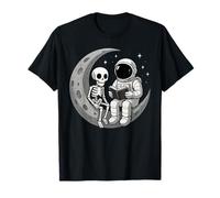 Astronaut Reading Book to Skeleton Moon Space Women Kids Men Maglietta